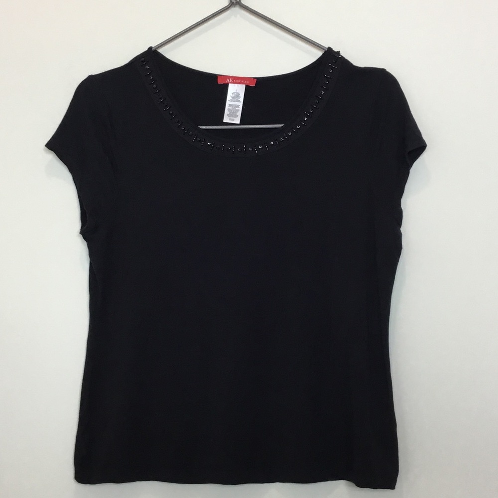 Anne Klein Black Short-Sleeve Scoop Neck Top with Beaded Trim size large
